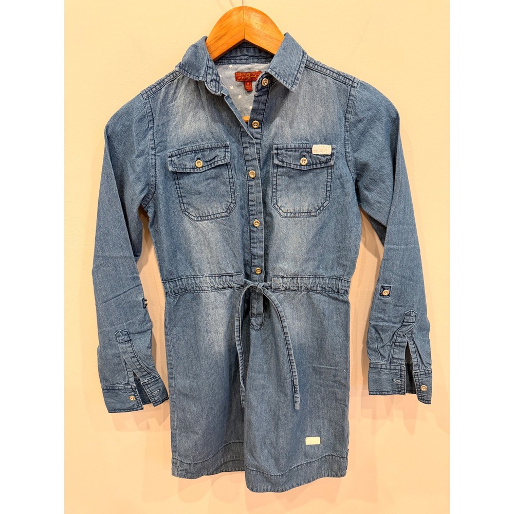 7 For All Mankind Girls Chambray Denim Shirt Dress M Medium Button Front Belted